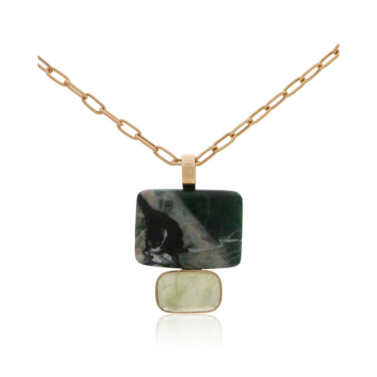 14K Moss Agate and Bezel-set Prehnite Pendant