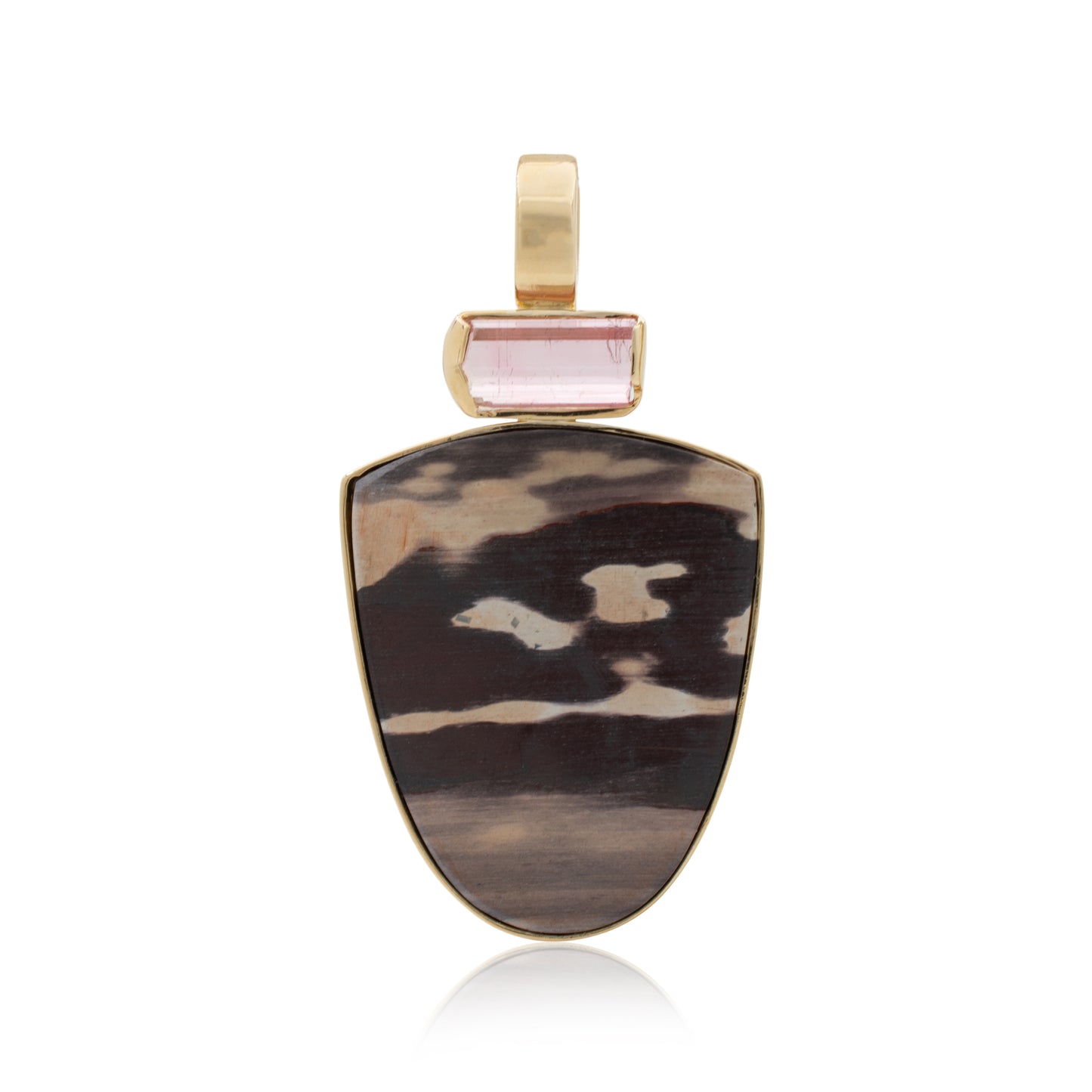 14K Heavy Pink Tourmaline and Australian Zebra Wood Confection Pendant