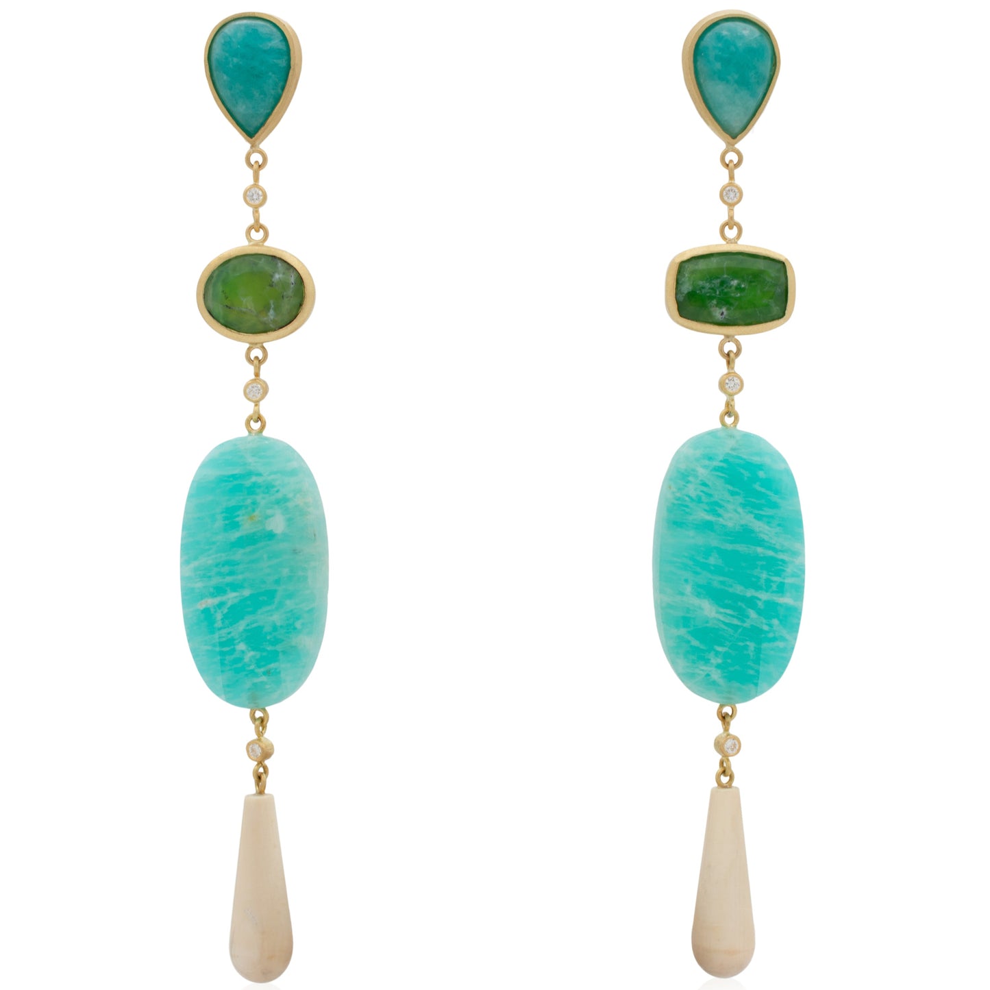 18K Brazilian Amazonite, White Diamond, Brazilian Green Opal and Woolly Mammoth Ivory Statement Earrings