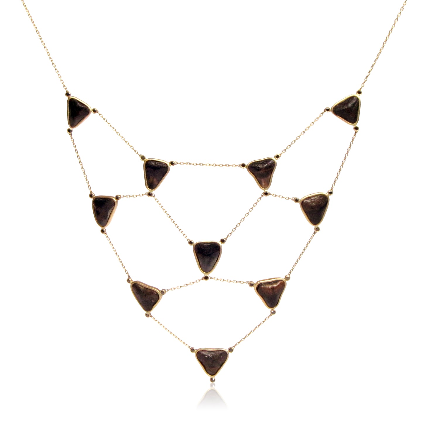 18K Fossilized Shark Tooth and Black Diamond Bib Neckalce