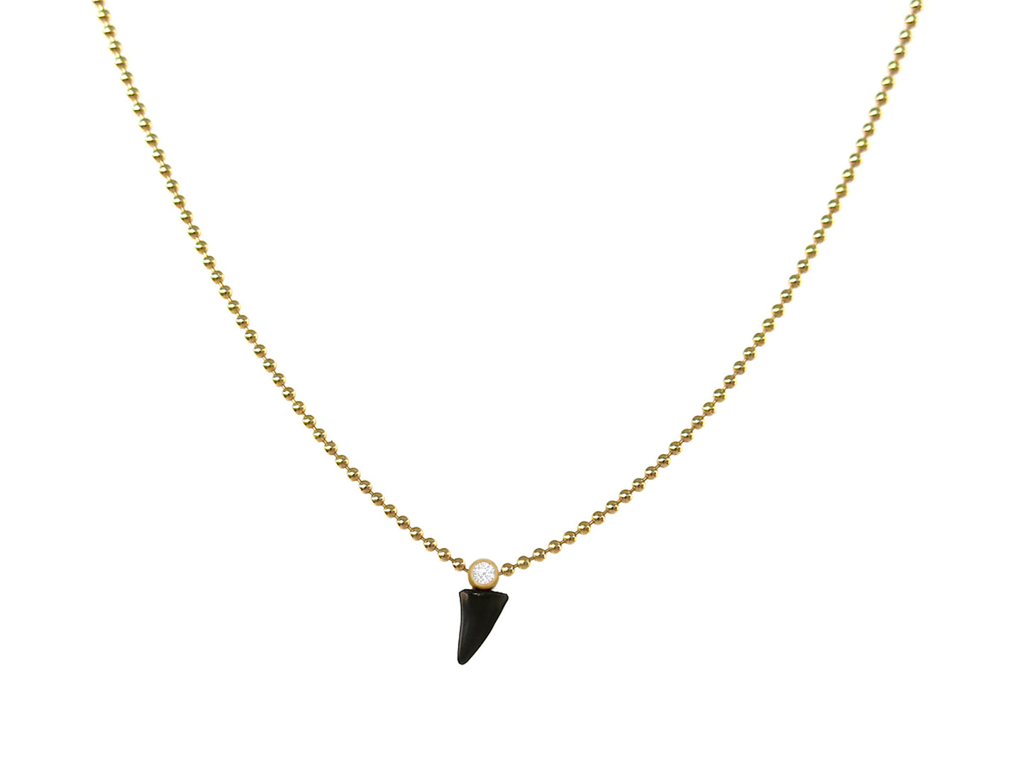 18K Fossilized Shark Tooth with White Diamond Bezel and Ball Chain Necklace