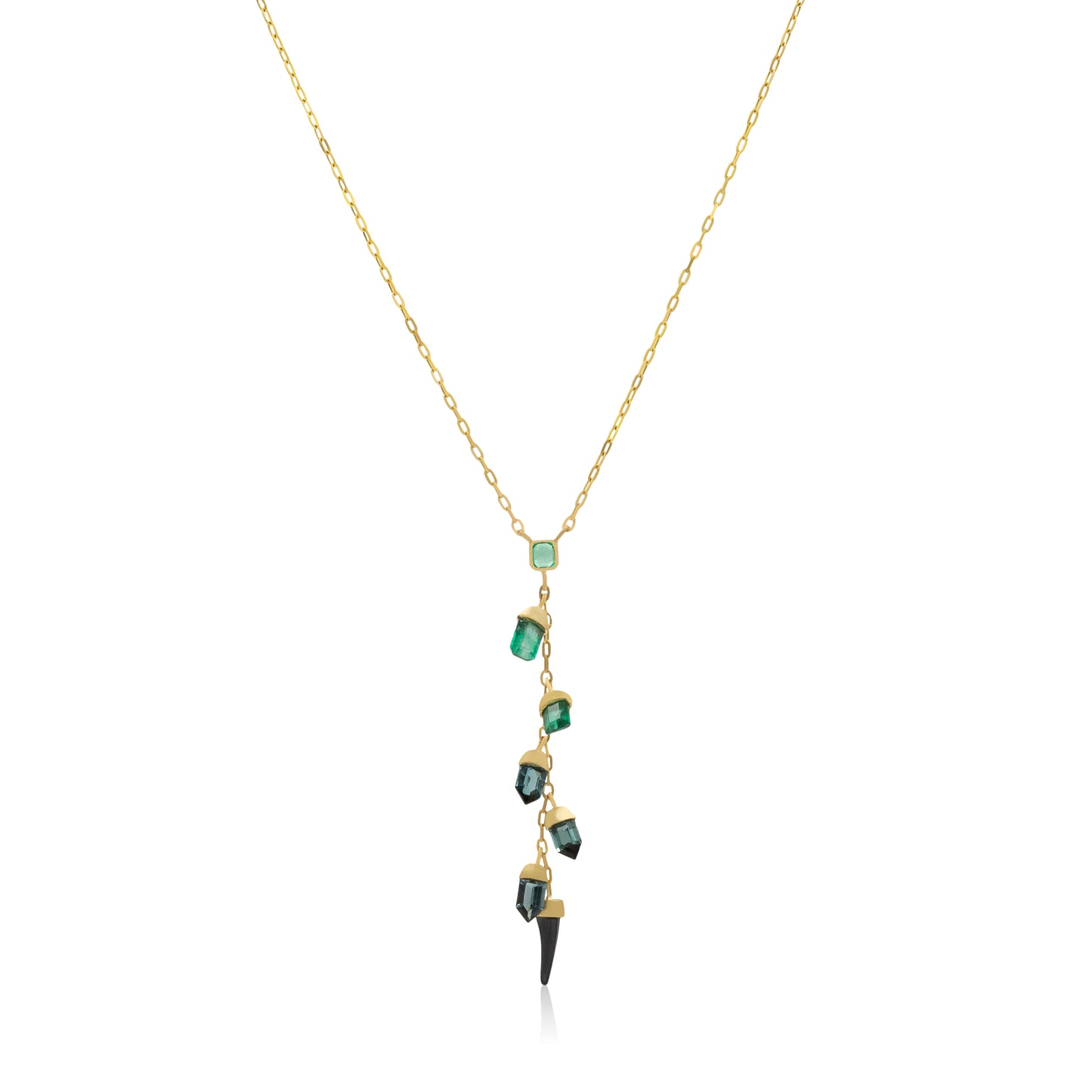 18K Fossilized Shark Tooth, Staggered Emerald, Tourmaline and Emerald Lariat Drop Necklace