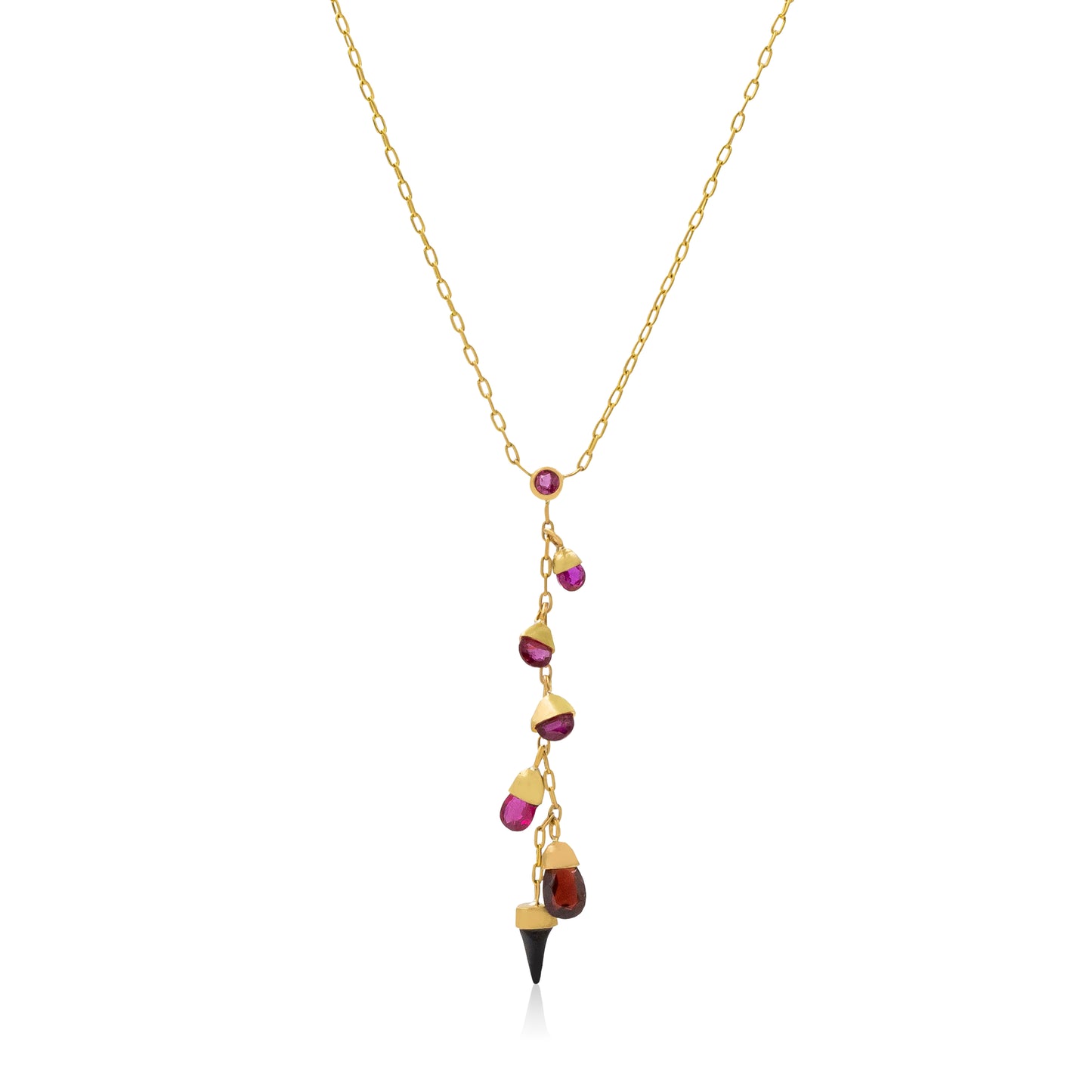 18K Fossilized Shark Tooth with Staggered Repurposed Vintage Ruby and Garnet Drop Necklace