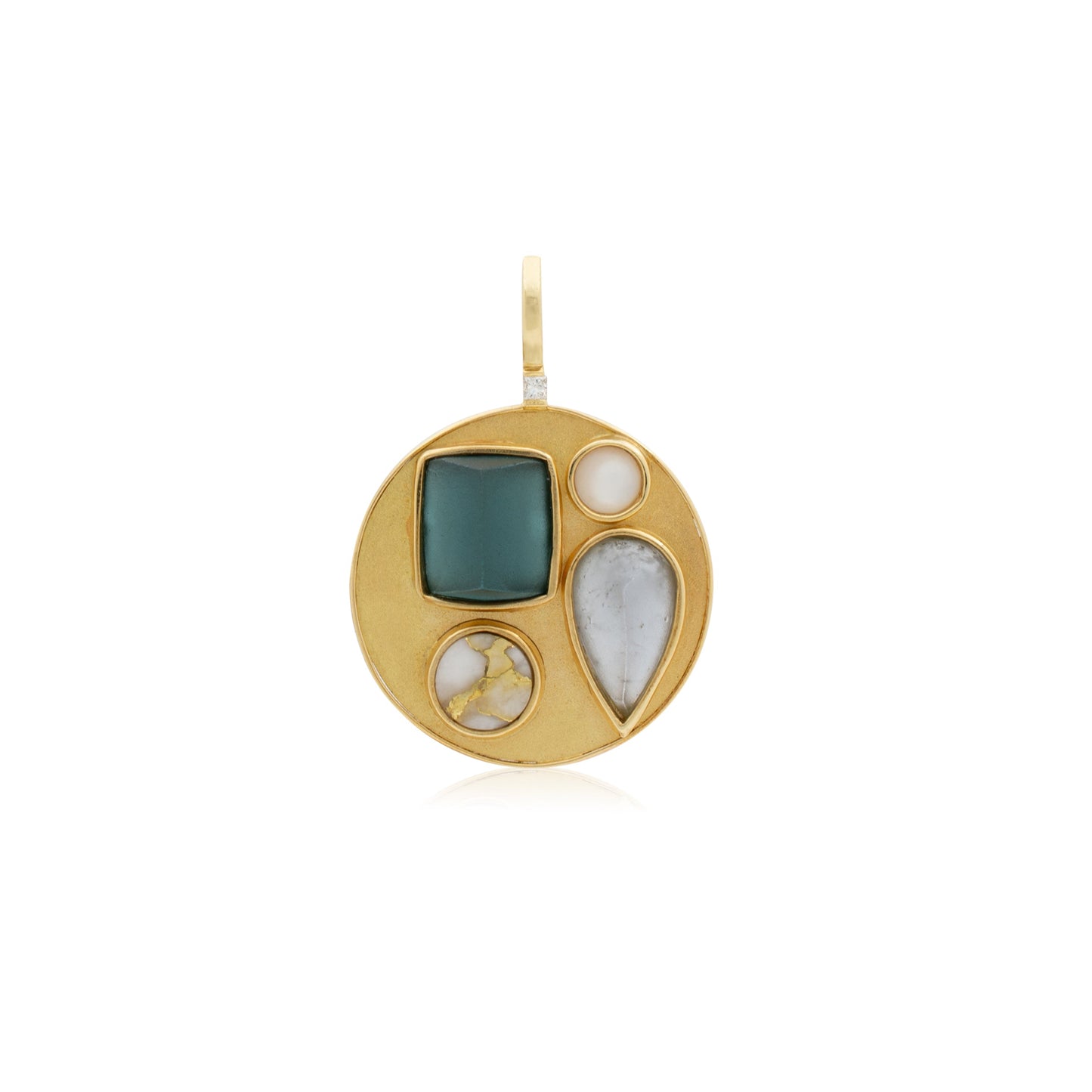 18K Natural Mosaic with Tourmaline, Quartz and Mother of Pearl Pendant