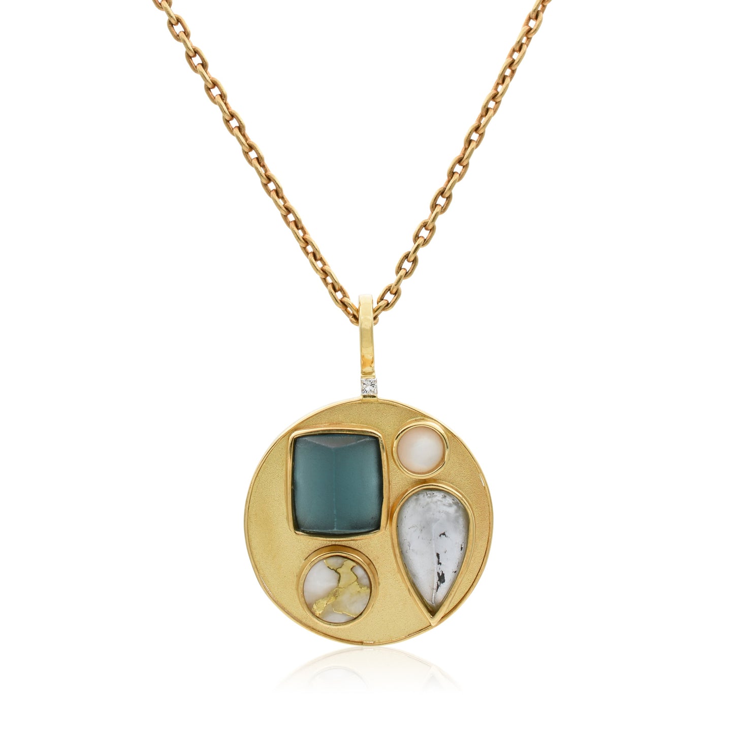 18K Natural Mosaic with Tourmaline, Quartz and Mother of Pearl Pendant
