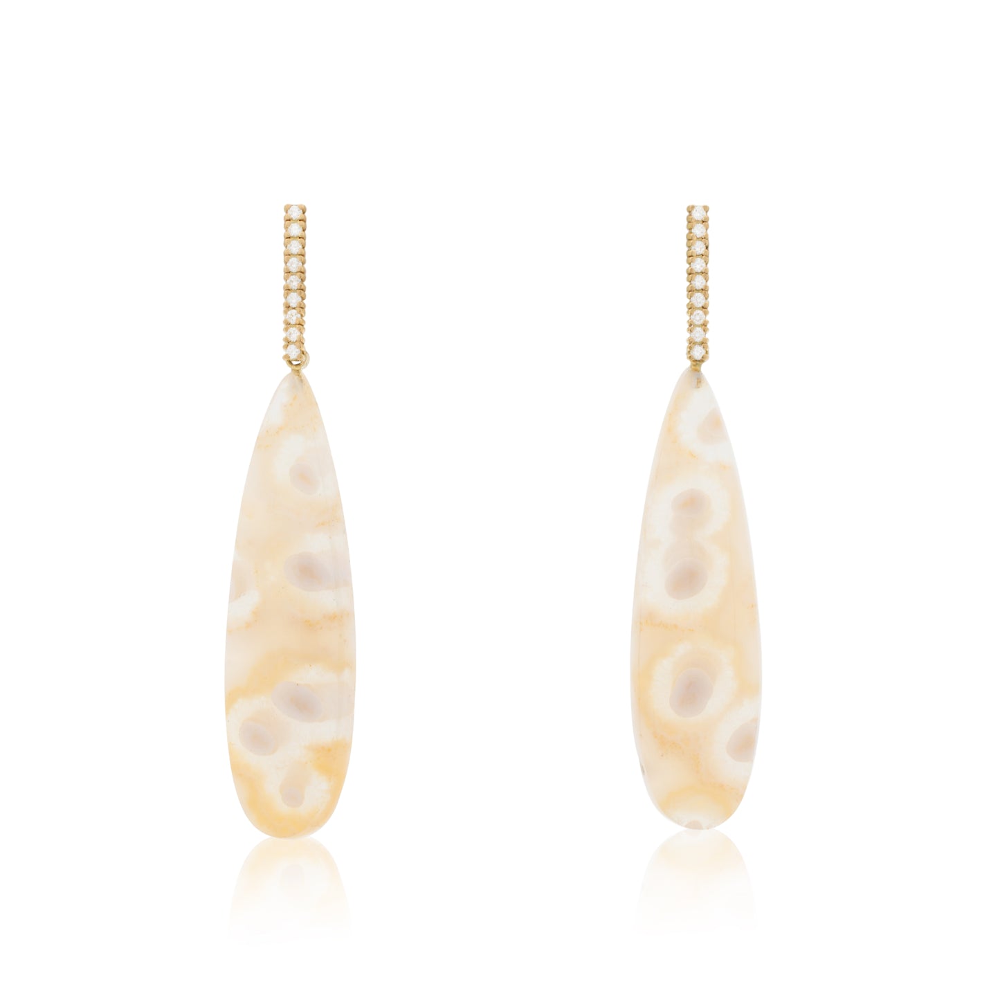 18K White Diamond Hook-and-Line Earrings with Petrified Indonesian Wormwood, Removable Add On Flatlock Drop