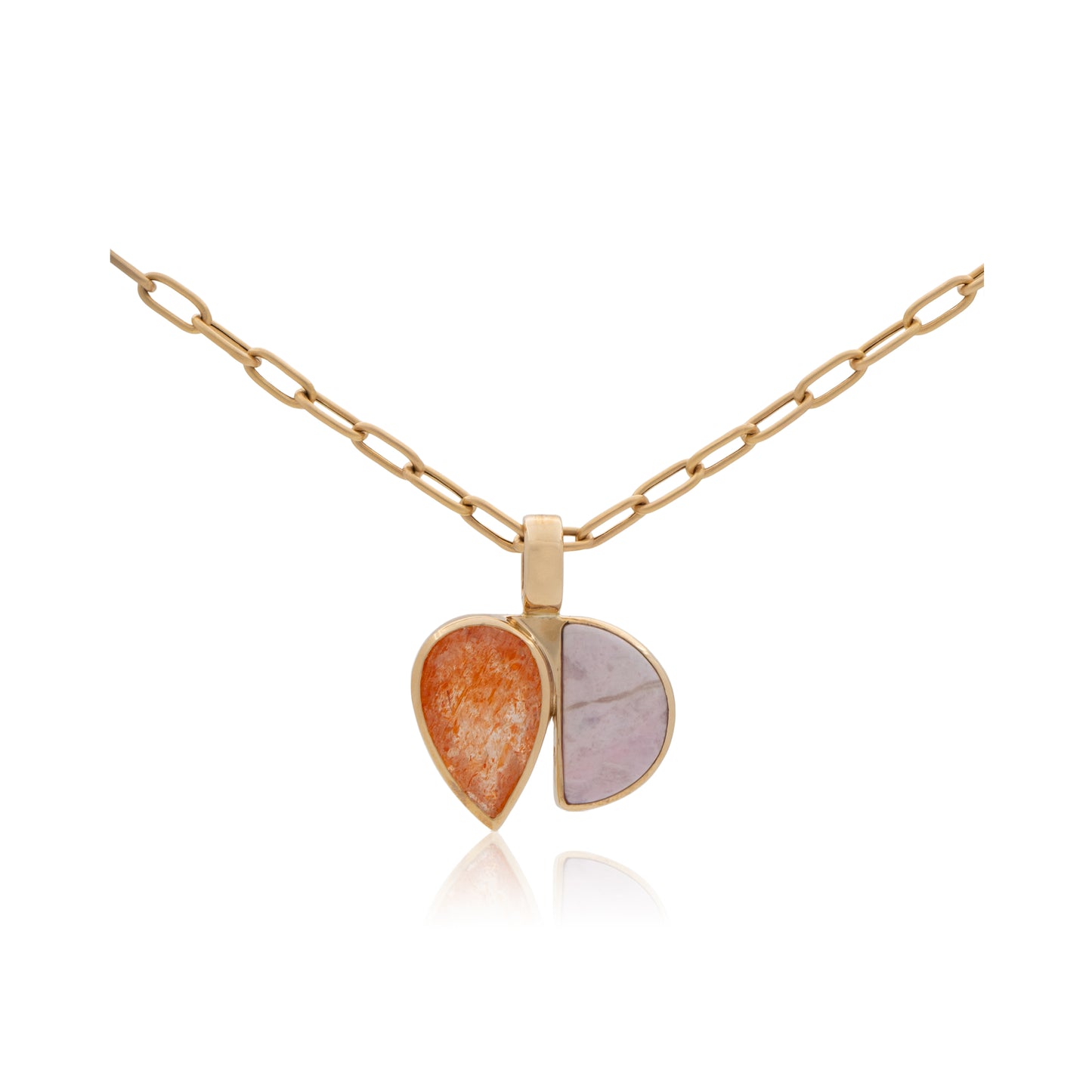 14K Heavy Tanzanian Sunstone and Brazilian Pink Sodalite Kissing Pendant