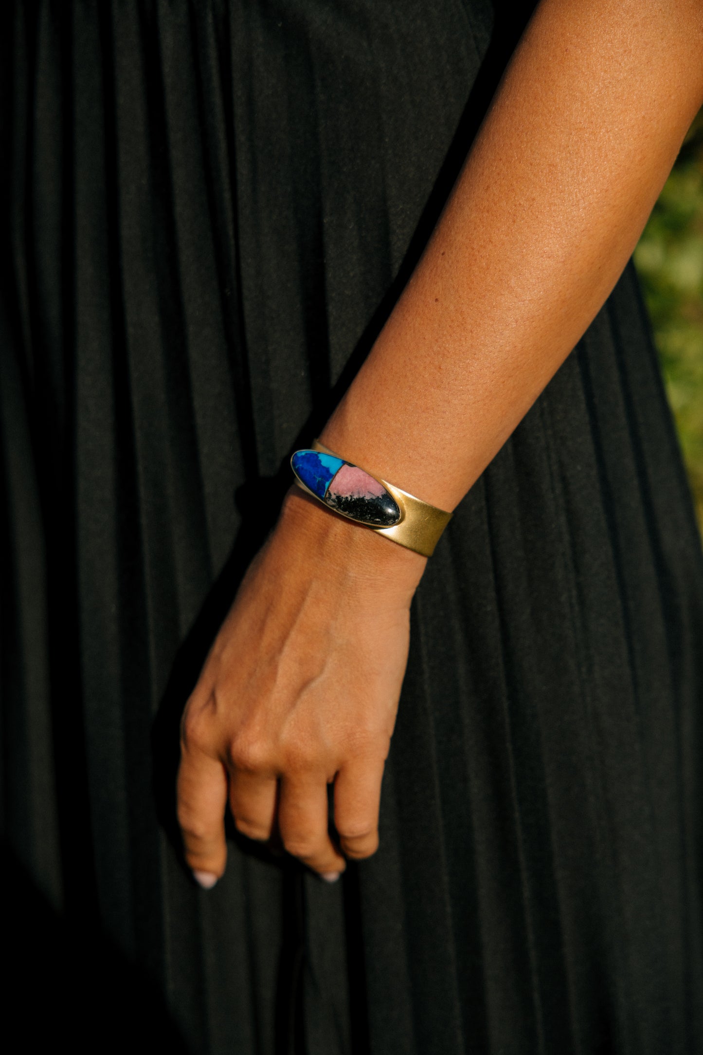 18K Rhodonite and Azurite Inlay Cuff