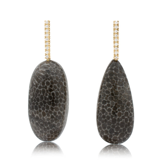 18K White Diamond Hook-and-Line Earrings with Fossilized Coral removable Add-On Flatlock Drop