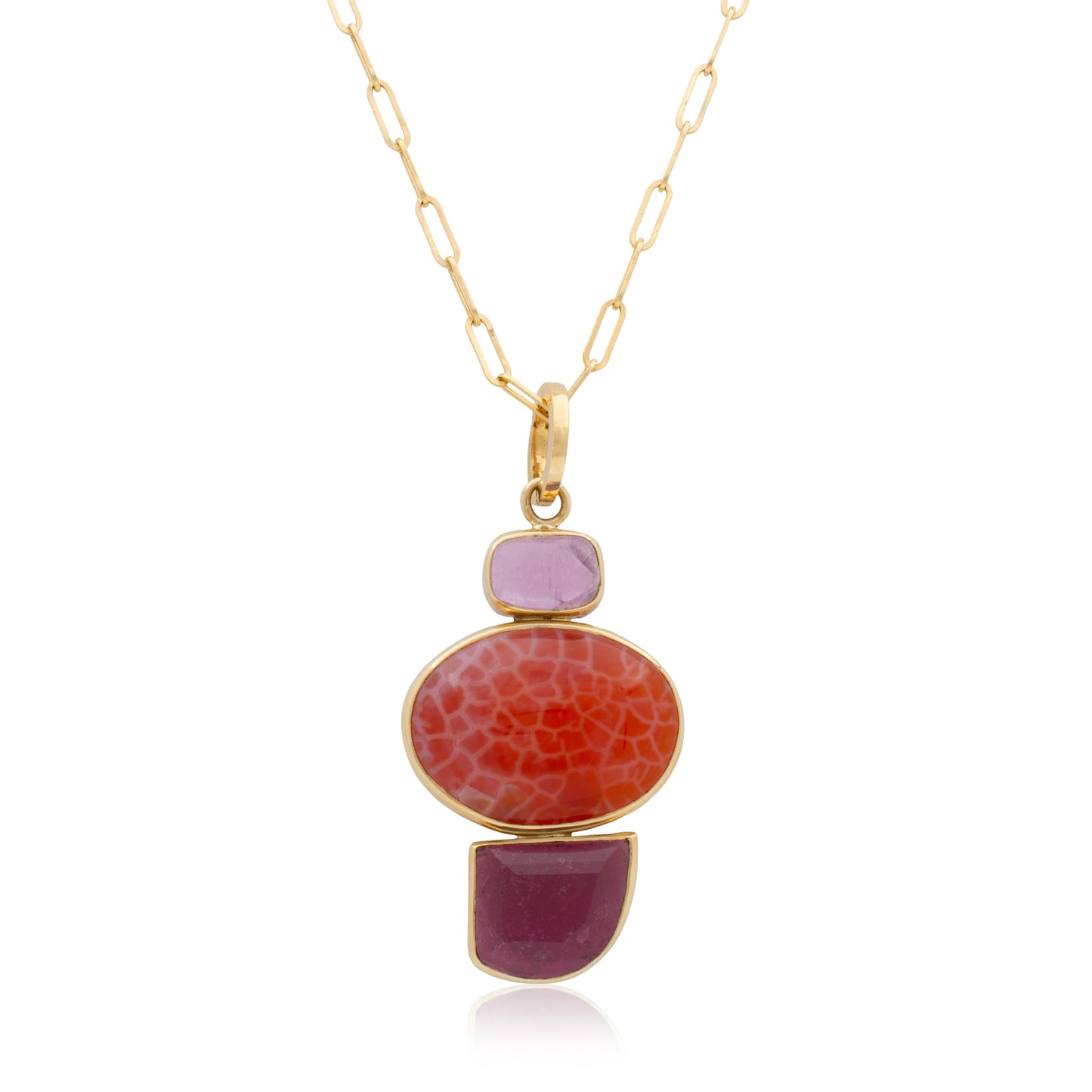 14K African Kunzite, Mexican Imperial Jasper, and Purple Tourmaline Pendant