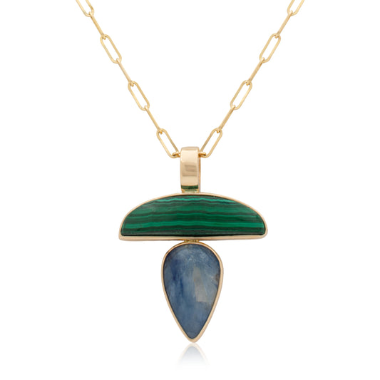 14K Heavy Malachite and Kyanite in Quartz Confection Pendant