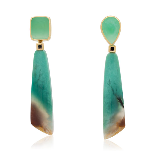 18K Chrysoprase, Black Diamond and Indonesian Opalized Wood Earrings