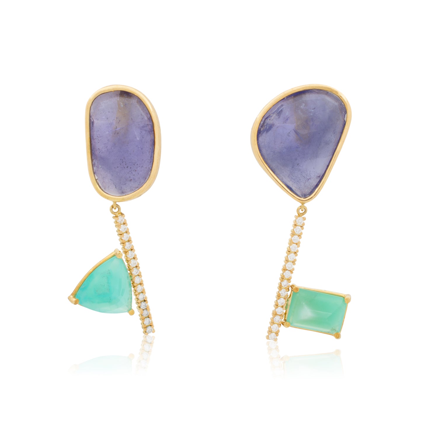 18K Tanzanite, White Diamond and Spanish Chrysocolla Chalcedony Statement Earrings