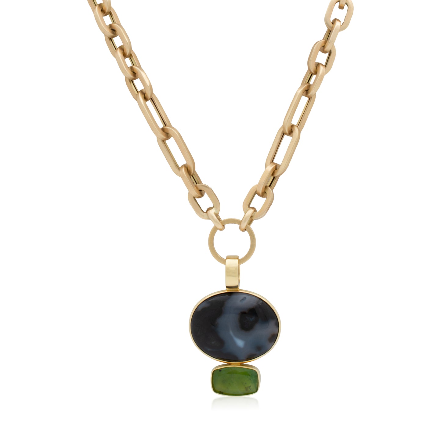 18K Heavy Marfa Agate and Brazilian Green Opal Confection Pendant