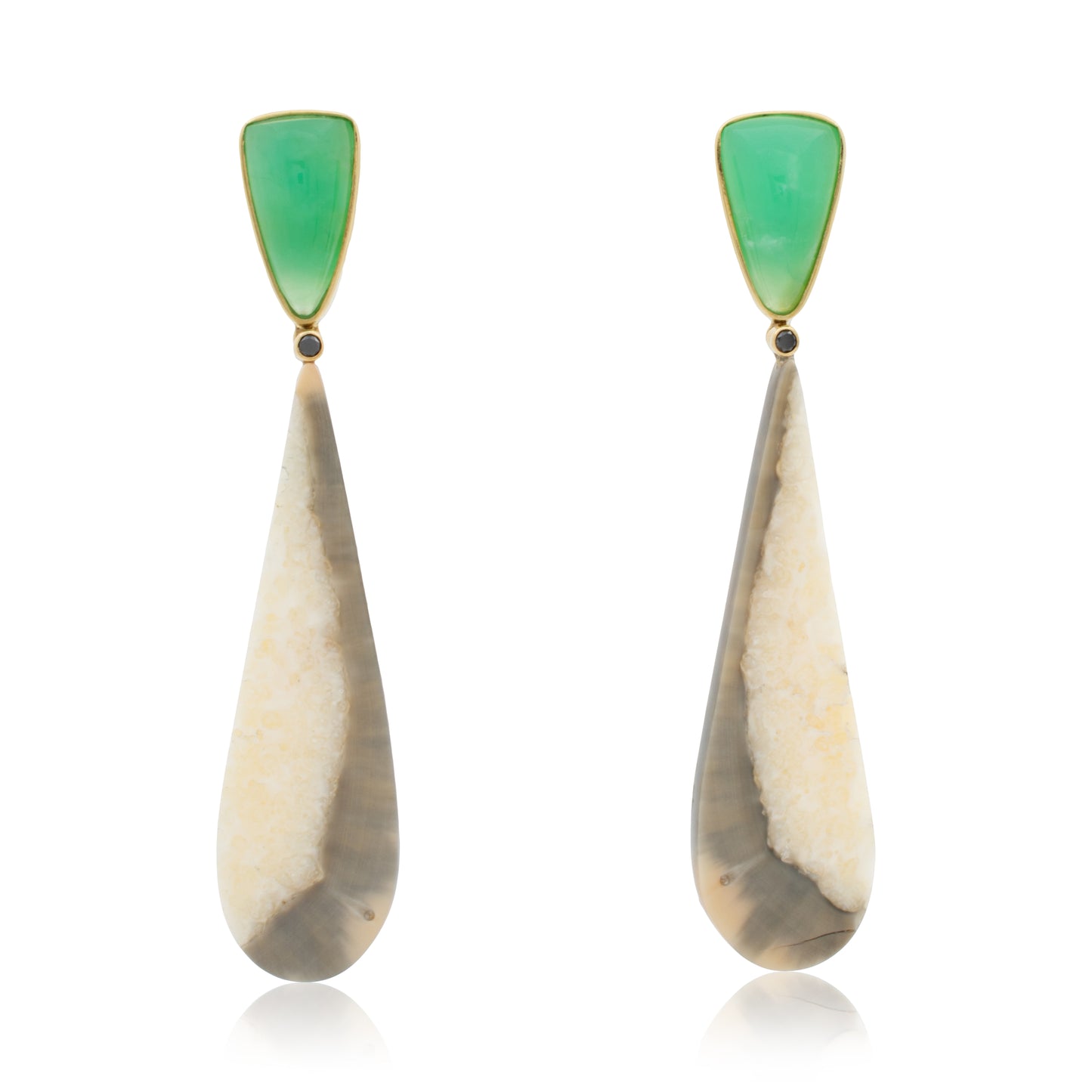 18K Australian Chrysoprase, Black Diamond and Fossilized Walrus Ivory Statement Earrings