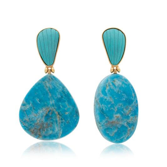 18K Bezel-Set Shell Carved Turquoise and Brazilian Amazonite Statement Earrings