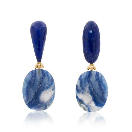 18K Afghan Lapis Lazuli and Quartz with Dumortierite Statement Earrings
