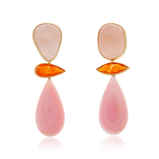 18K Rose Quartz SOLO Earrings with removable Brazilian Fire Opal and South Pacific Shell Drop