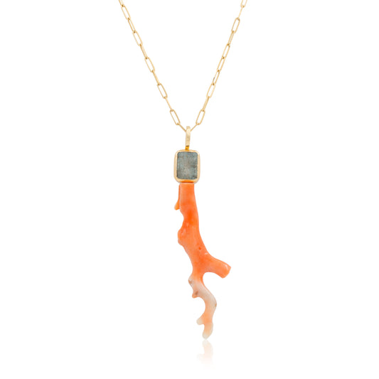 18K Bezel-Set Leopard Aquamarine and Momo Coral Branch Pendant