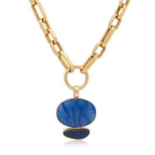 14K Heavy Quartz with Dumortierite and Australian Black Opal Pendant