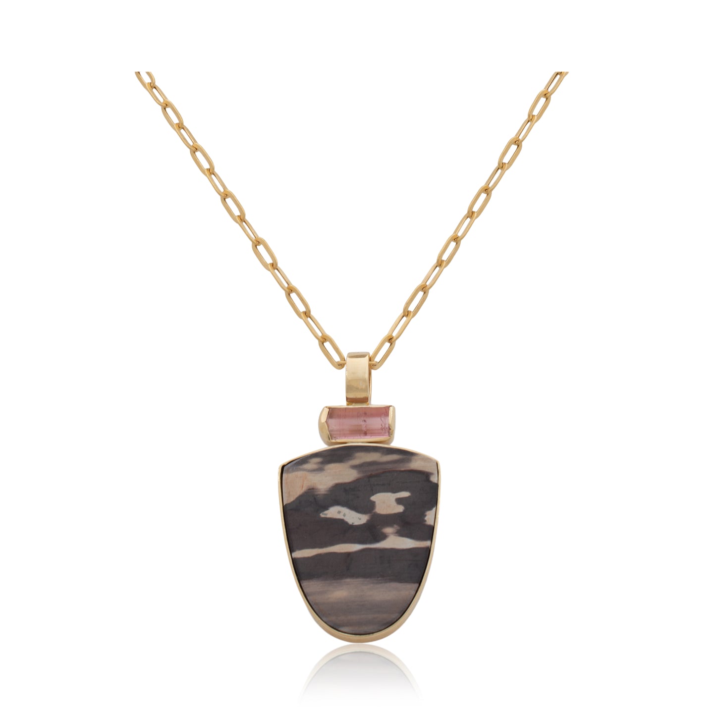 14K Heavy Pink Tourmaline and Australian Zebra Wood Confection Pendant