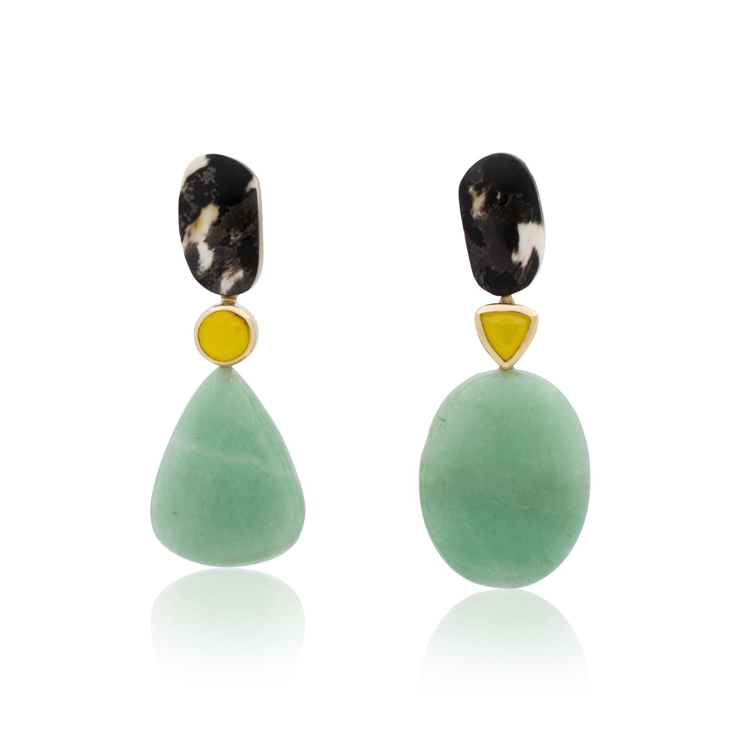 18K Mexican Shell, Sardinain Smithsonite, and Mint Chalcedony Statement Earrings