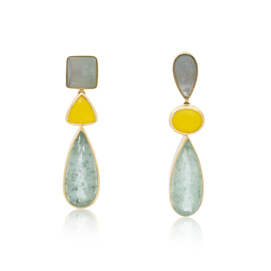 18K Tourmaline, Smithsonite and Aquamarine Statement Earrings