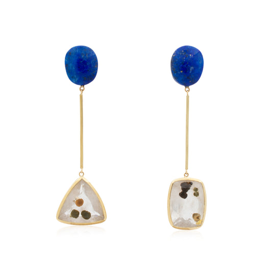 18K Lapis Lazuli -bar- Brazilian Pom Pom Quartz Statement Earrings