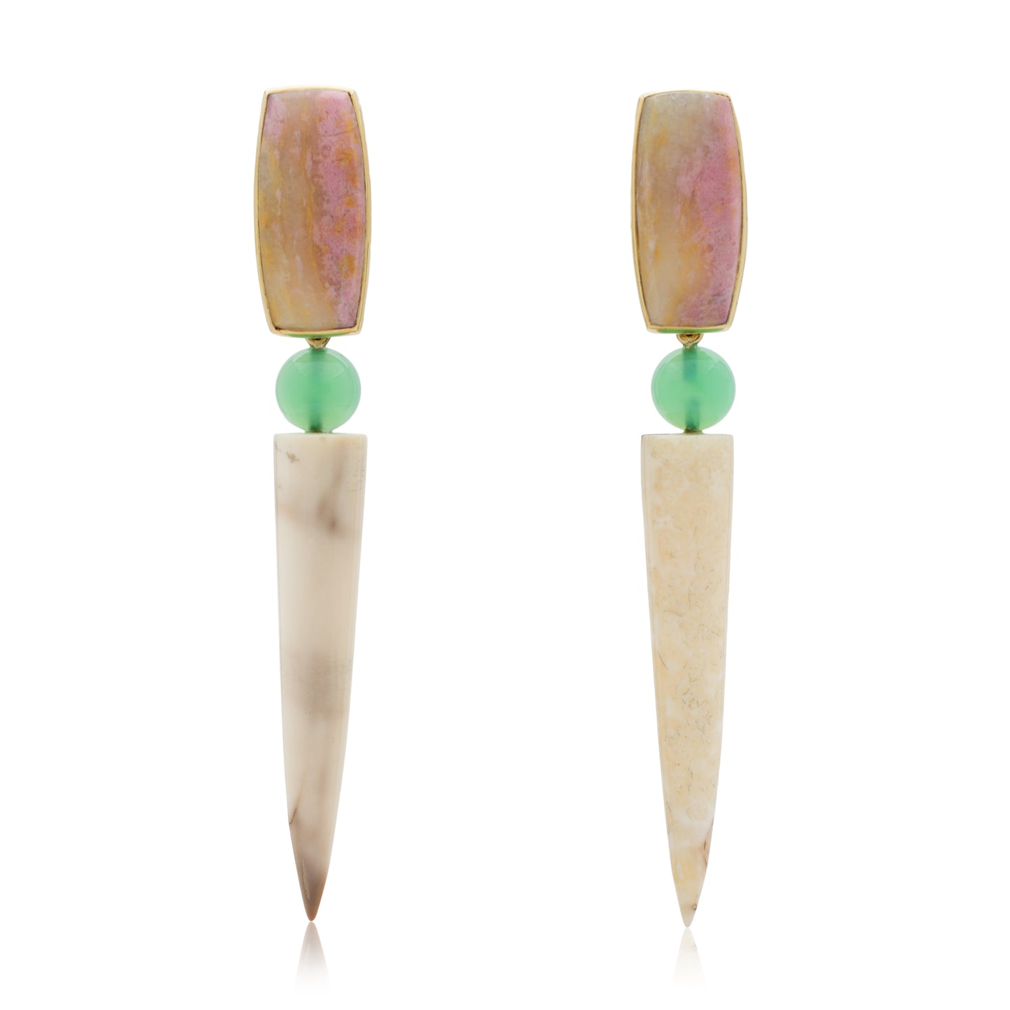 18K Italian Rhodonite with Spesssartine Garnet, Australian Chrysoprase, and Fossilized Walrus Ivory Statement Earrings