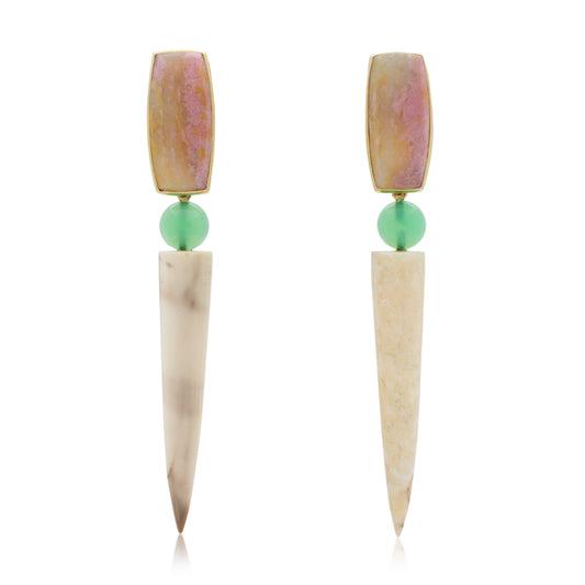 18K Italian Rhodonite with Spesssartine Garnet, Australian Chrysoprase, and Fossilized Walrus Ivory Statement Earrings