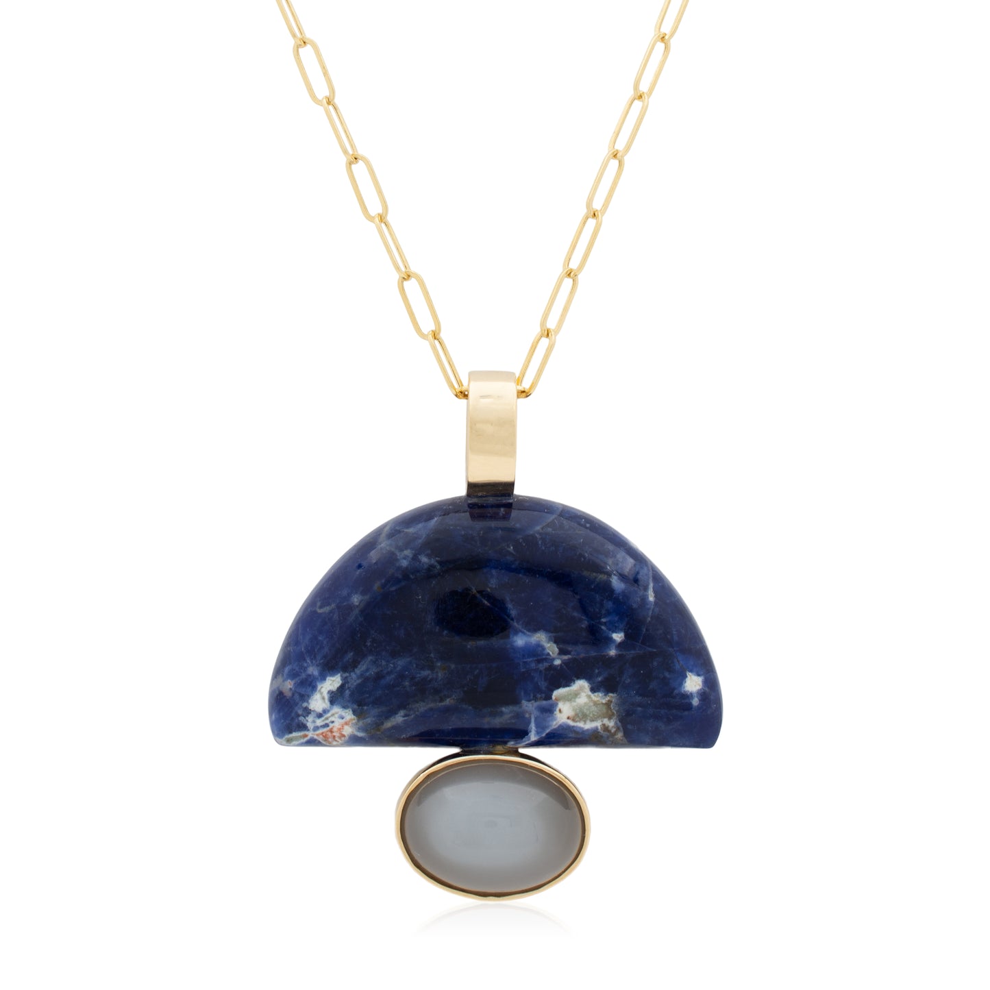 14K Heavy Brazilian Sodalite and Australian Grey Moonstone Confection Pendant