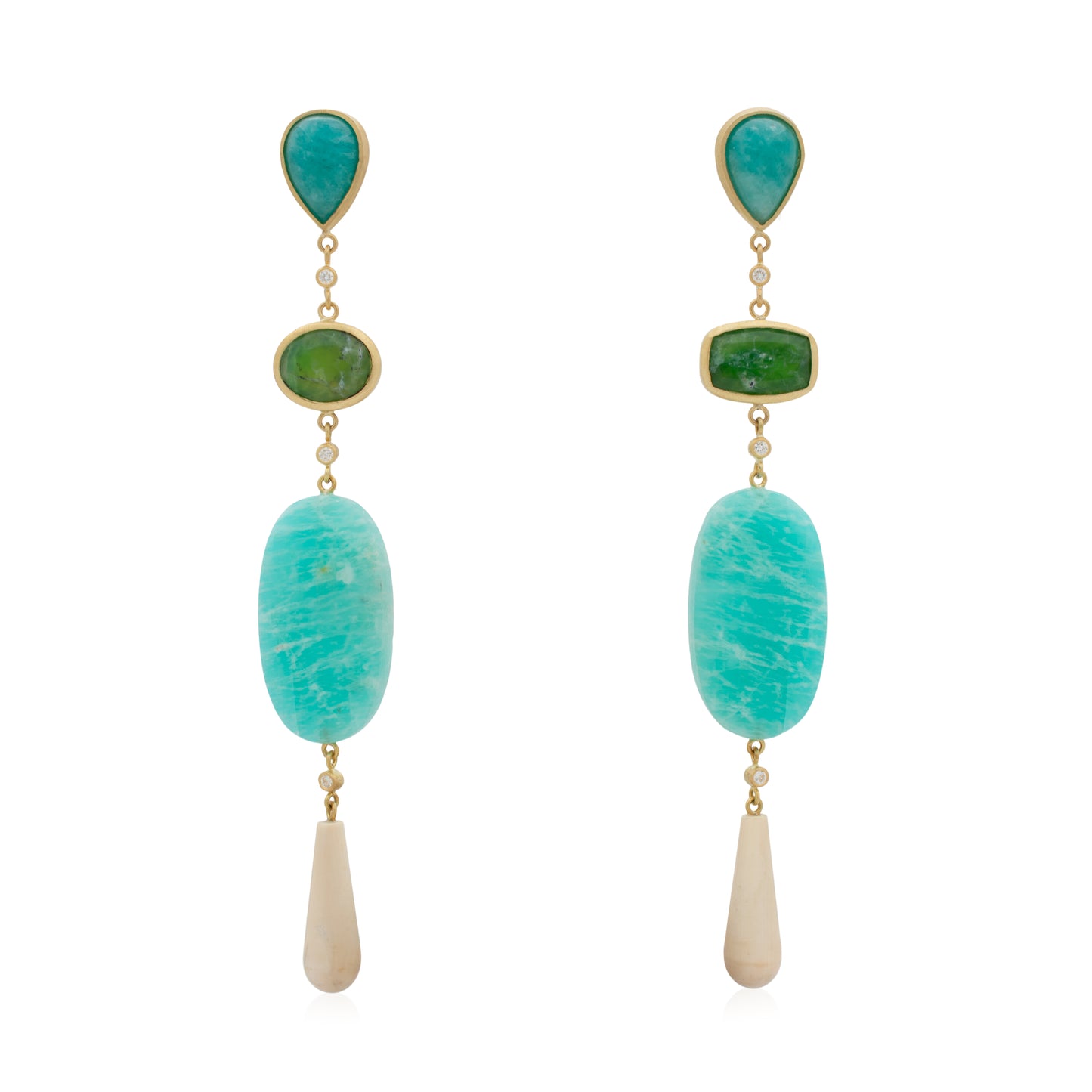 18K Brazilian Amazonite, White Diamond, Brazilian Green Opal and Woolly Mammoth Ivory Statement Earrings