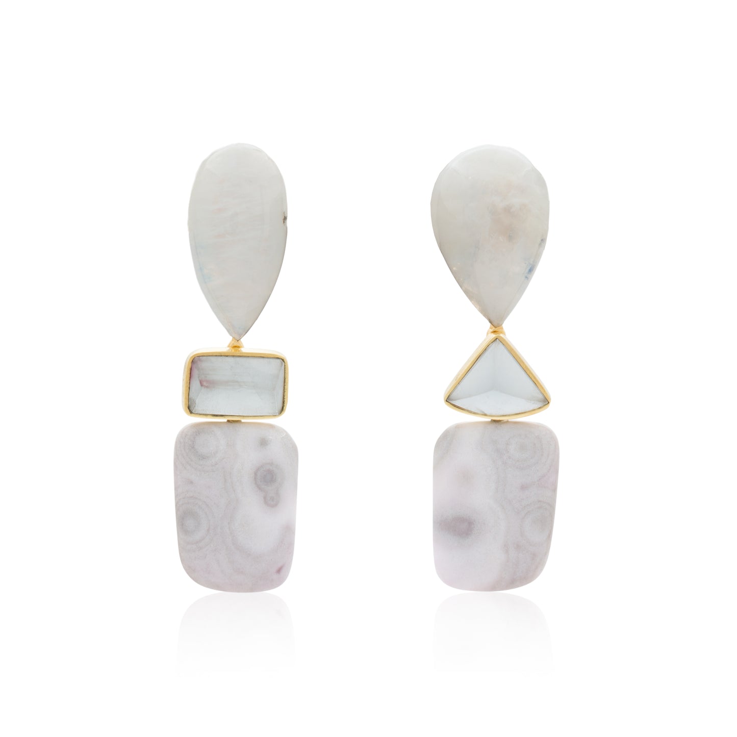 18K Moonstone, Tourmaline and Fossilized Coral Statement Earrings