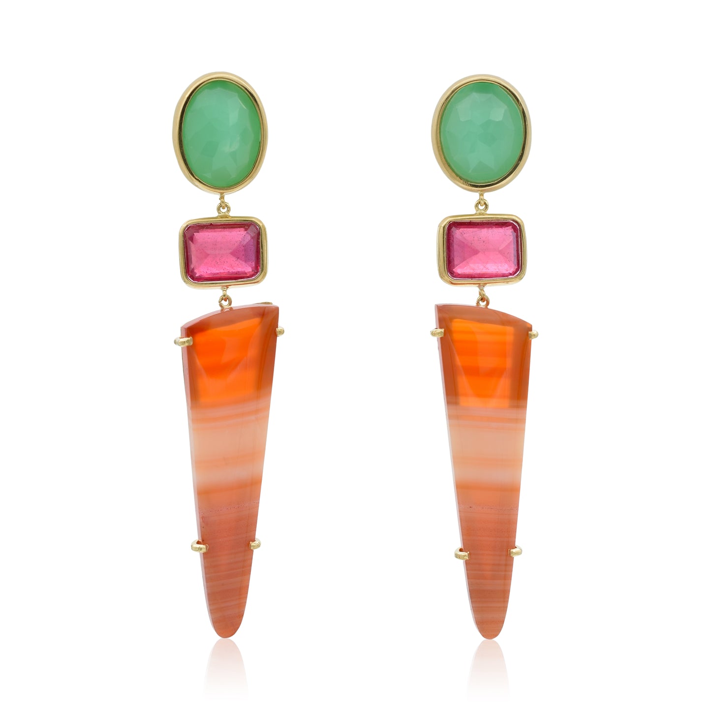 18K Chrysoprase, Madagascar Ruby and Carnelian Statement Earrings