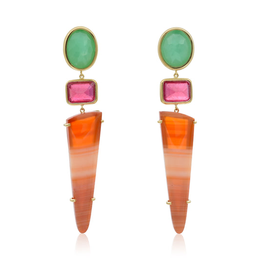 18K Chrysoprase, Madagascar Ruby and Carnelian Statement Earrings