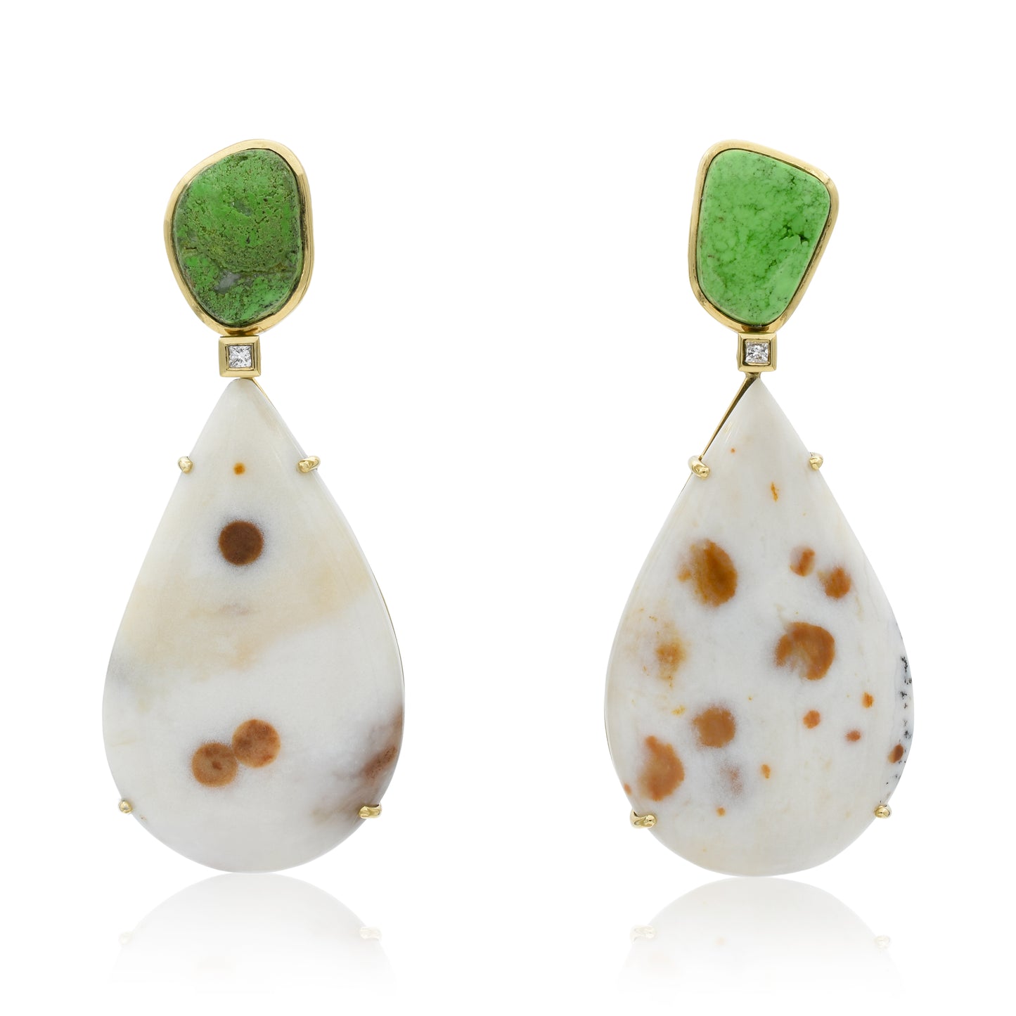 18K Gaspeite, White Diamond and Polka Dot Agate Statement Earrings