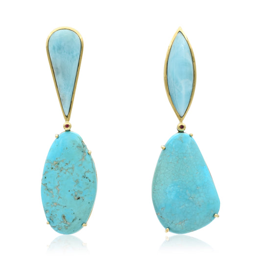 18K Larimar, Ruby and Armenian Turquoise Statement Earrings