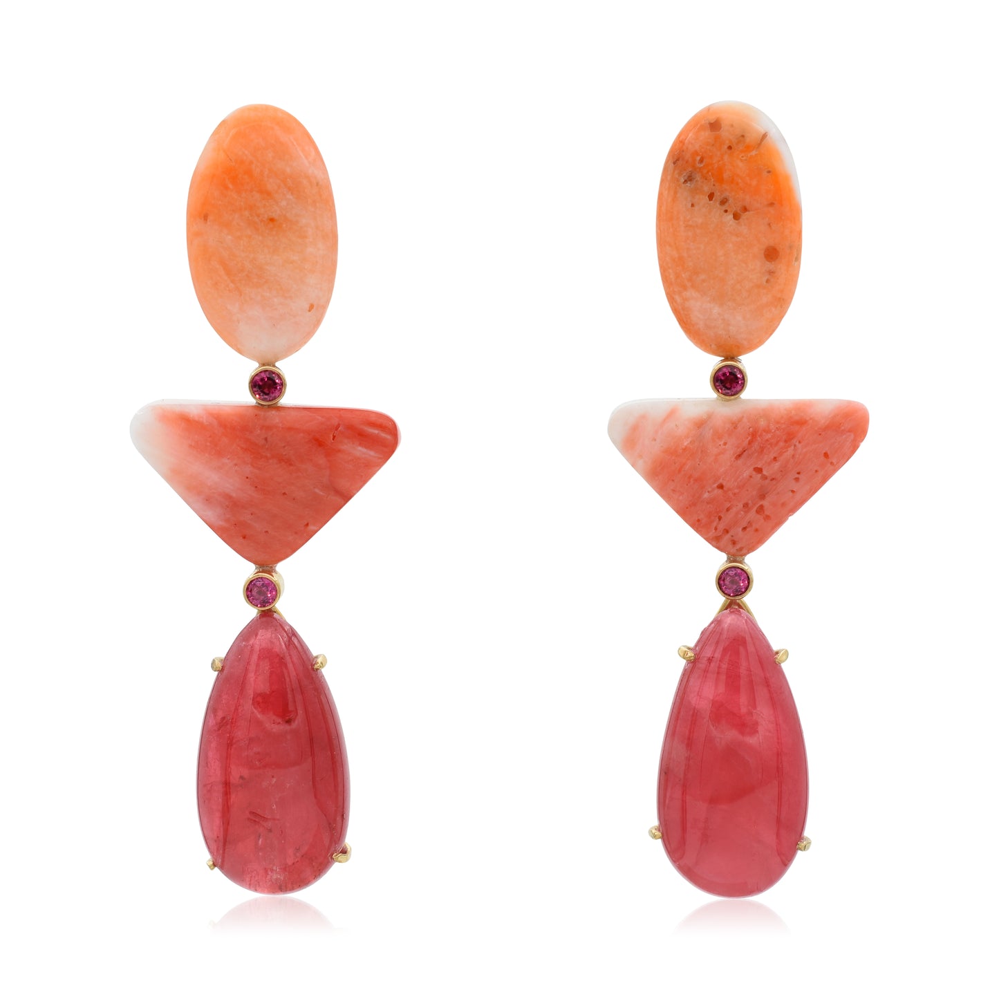 18K Orange Spiny Oyster, Red Spiny Oyster, Brazilian Rhodonite and Ruby Statement Earrings