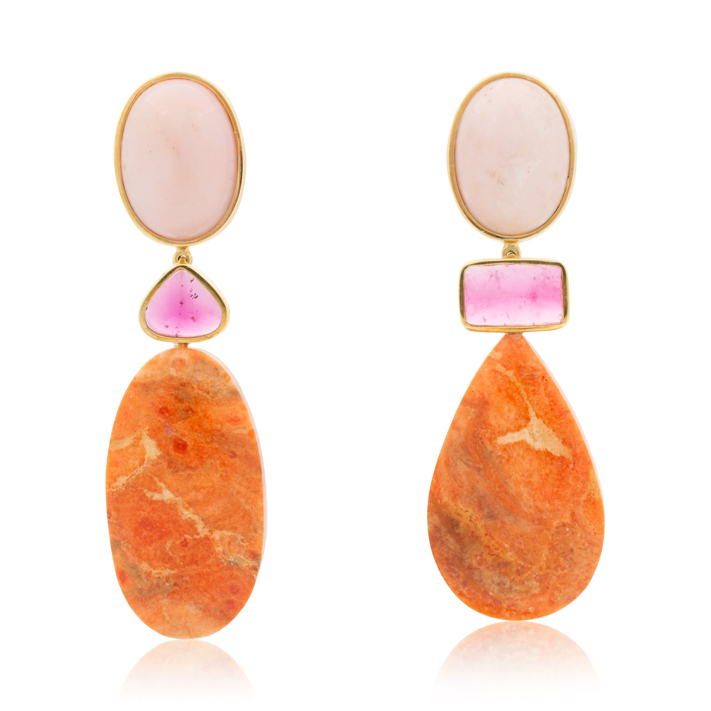 18K Australian Pink Opal, Bezel-Set Pink Tourmaline, and Mojave Turquoise Earrings