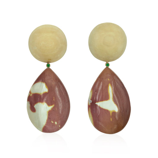 18K Hand Carved Wood, Emerald and Mookaite Statement Earrings