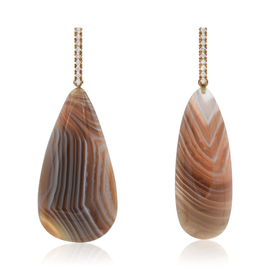 18K Botswana Agate with White Diamond Drop Earrings