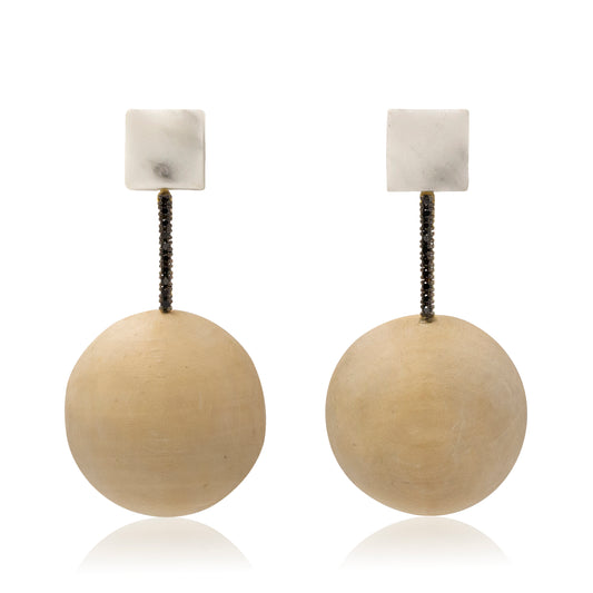 18K Marble, Black Diamond Drop and Wood Statement Earrings