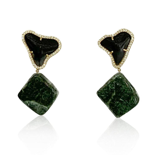 18K Fossilized Shark Tooth, White Diamond, and Seraphinite Statement Earrings