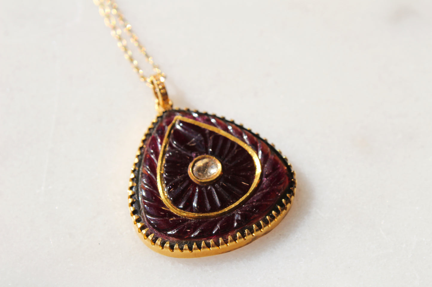 14K Carved Purple Tourmaline Flat Cut Diamond Pendant