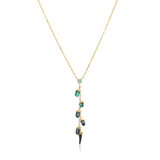 18K Staggered Emerald and Tourmaline Drop to Shark Tooth and Emerald Lariat Necklace