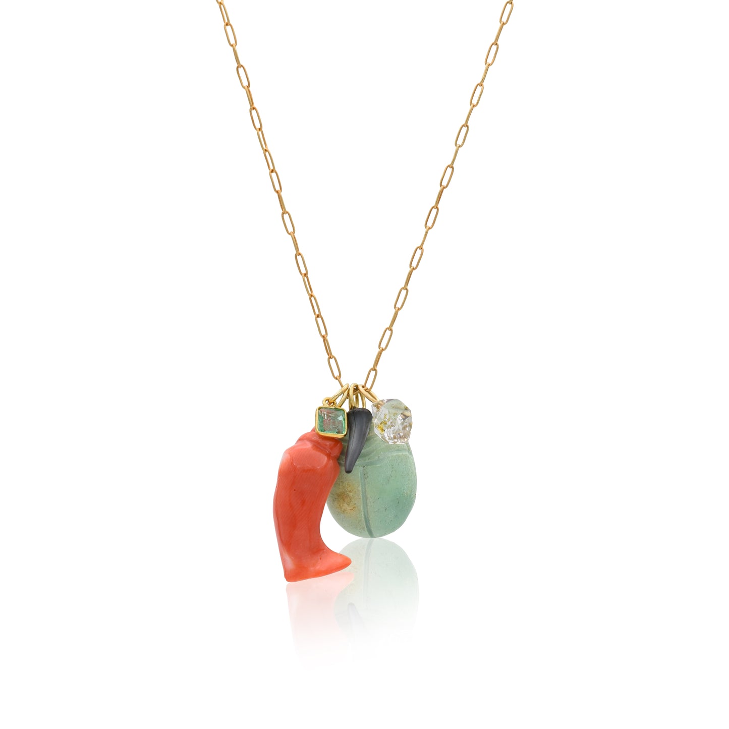 18K Herkimer, Antique Coral, Antique Clay Scarab, Fossilized Shark Tooth and Emerald Slice Charm Necklace