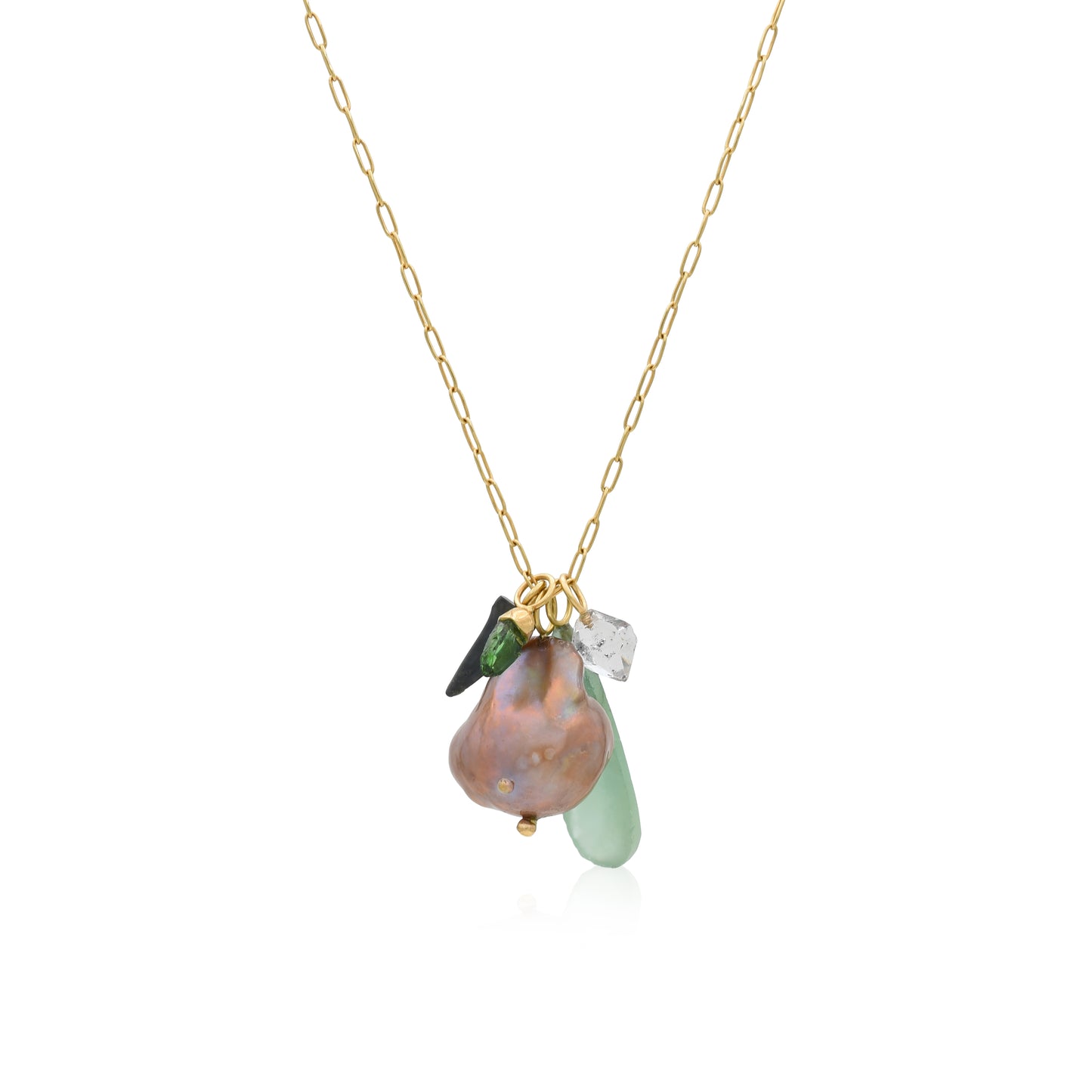 18K Herkimer, Tourmaline, Freshwater pearl, Fossilized Shark Tooth, Tsavorite Garnet Charm Necklace