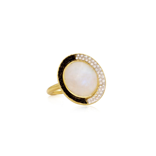 18K Moonstone and White and Black Diamond Surround Cocktail Ring