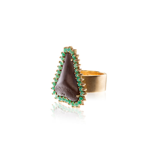 18K Fossilized Shark Tooth with Chrysoprase Surround Cocktail Ring