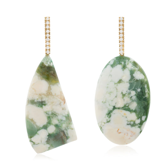 18K White Diamond Hook-and-Line Earrings with Tree Agate removable Add-On Flatlock Drop